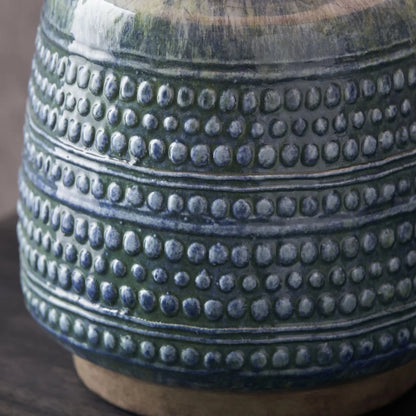 Rustic Blue & Green Glazed Artisan Ceramic Table Lamp with 30cm White Self-Lined Linen Tapered Shade – Handmade Stoneware Dot Design Vase-Shaped Light 42x30x30cm | Click Style