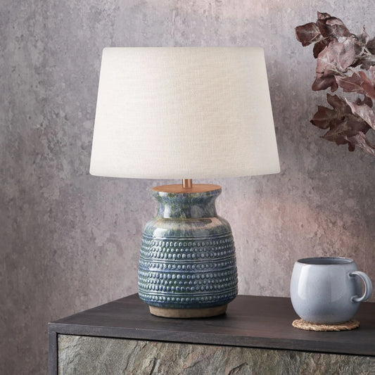Rustic Blue & Green Glazed Artisan Ceramic Table Lamp with 30cm White Self-Lined Linen Tapered Shade – Handmade Stoneware Dot Design Vase-Shaped Light 42x30x30cm | Click Style