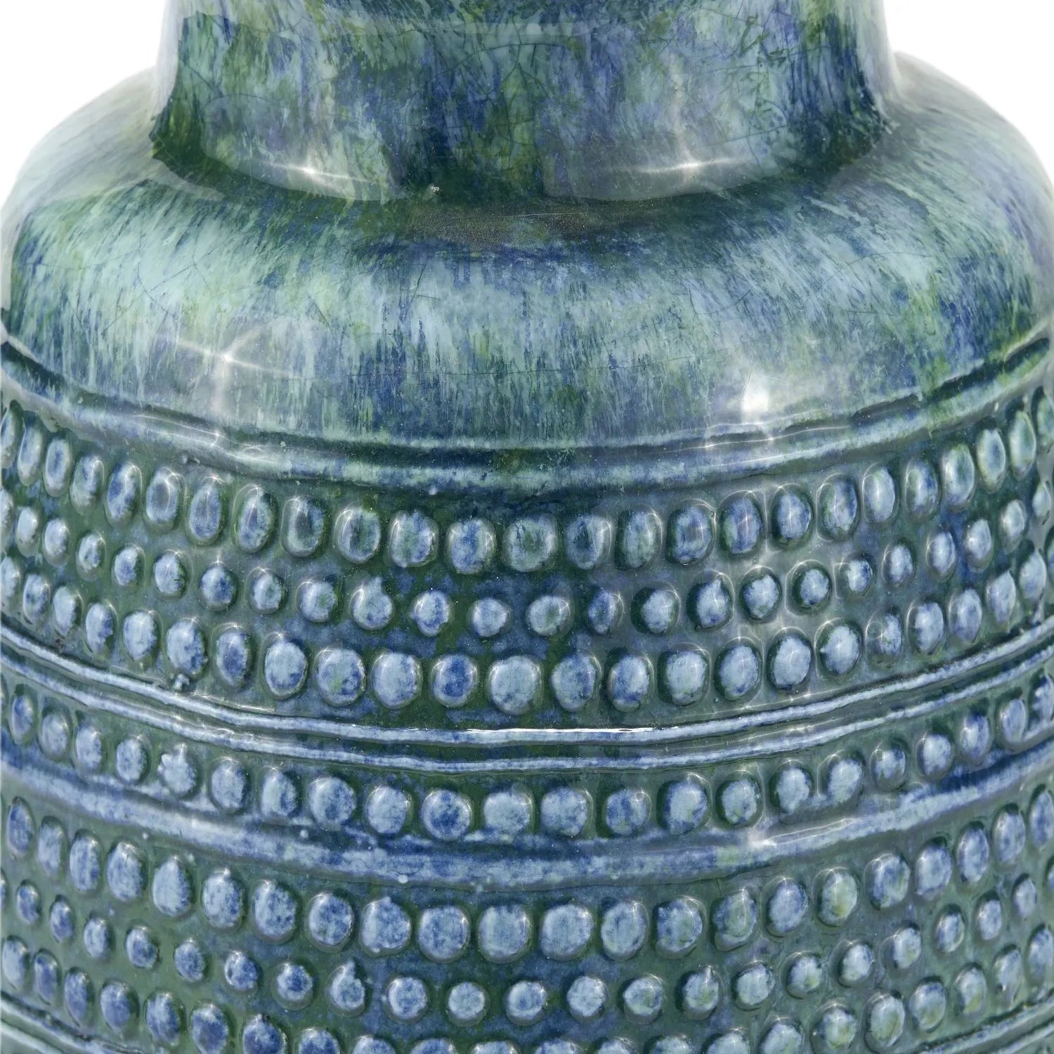Rustic Blue & Green Glazed Artisan Ceramic Table Lamp with 30cm White Self-Lined Linen Tapered Shade – Handmade Stoneware Dot Design Vase-Shaped Light 42x30x30cm | Click Style