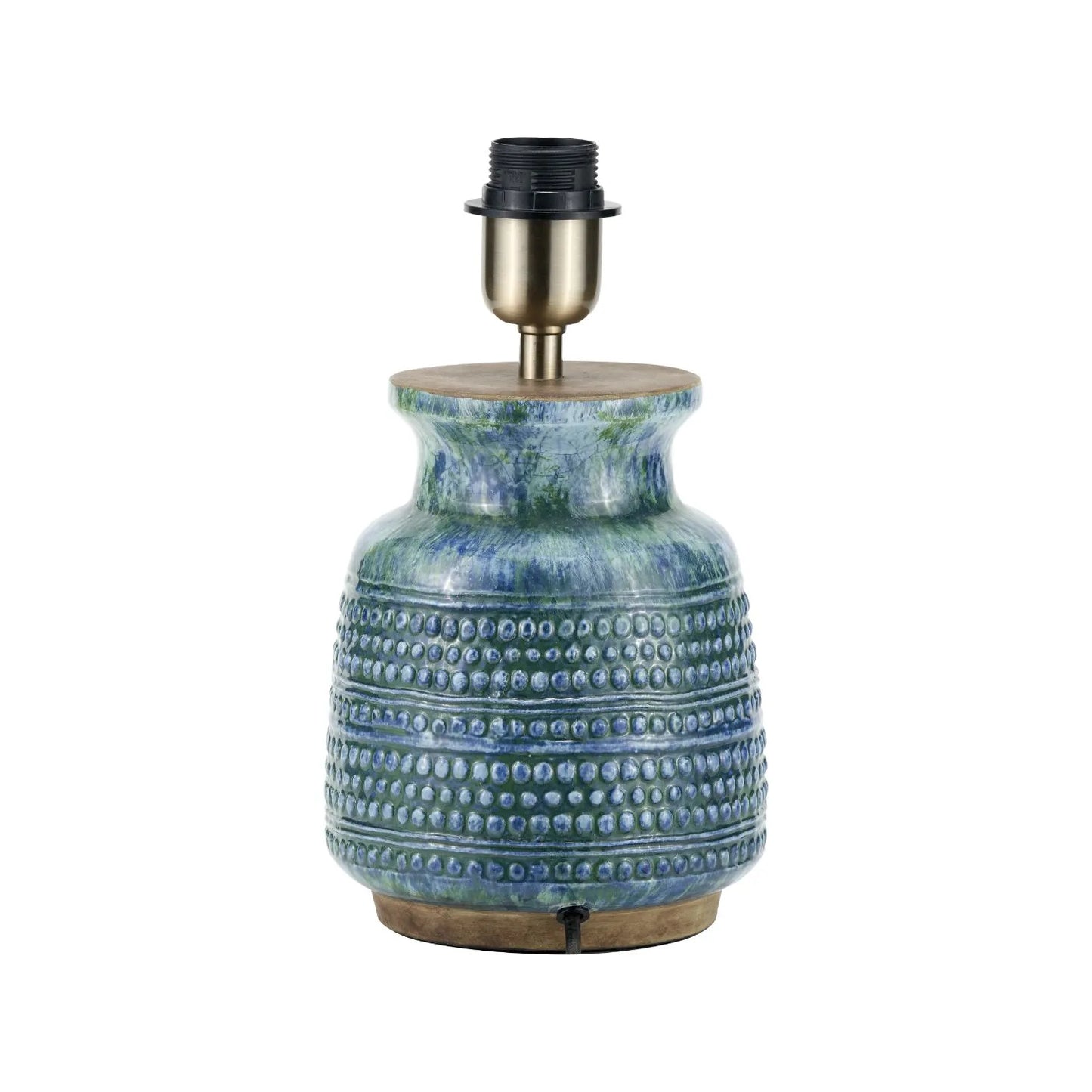 Rustic Blue & Green Glazed Artisan Ceramic Table Lamp with 30cm White Self-Lined Linen Tapered Shade – Handmade Stoneware Dot Design Vase-Shaped Light 42x30x30cm | Click Style