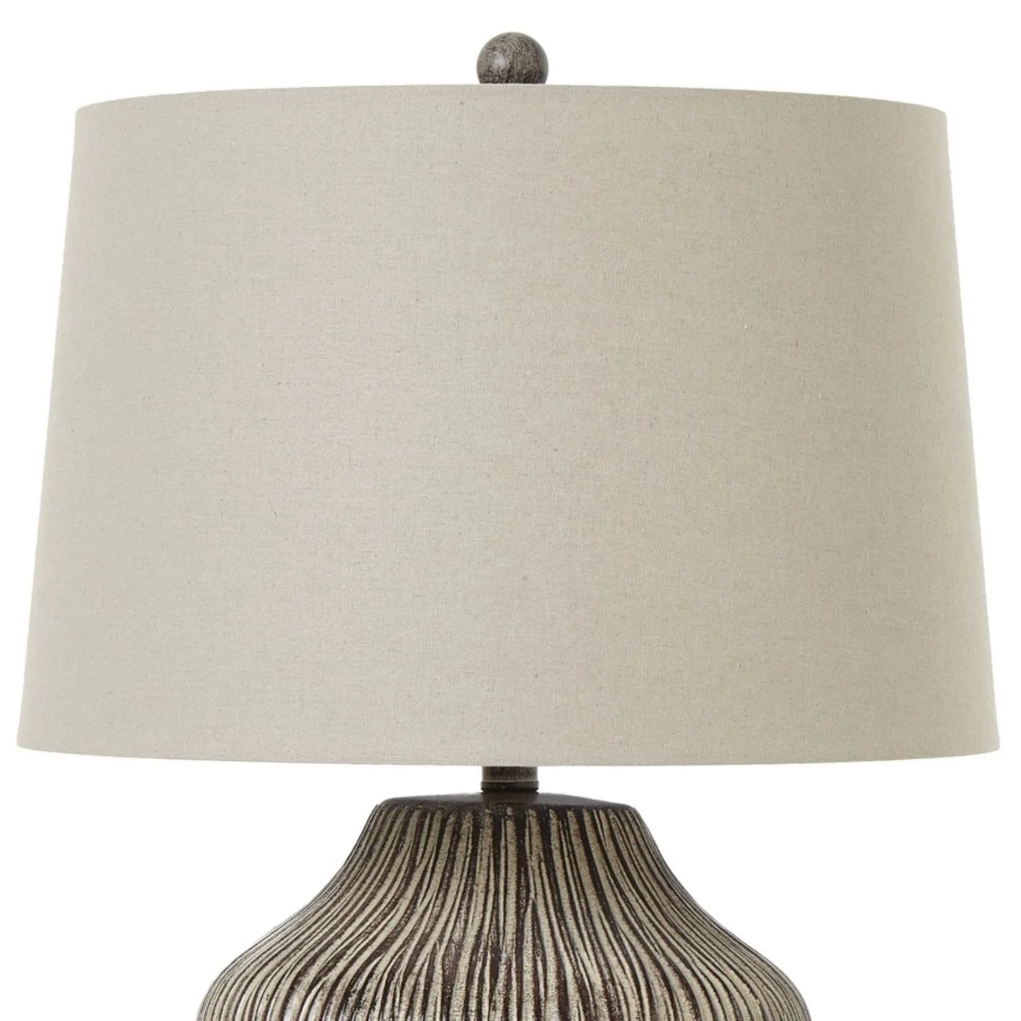 Rustic Brown Carved Table Lamp with Linen Tapered Lampshade – Neutral Decorative Lighting 71x43cm - Click Style