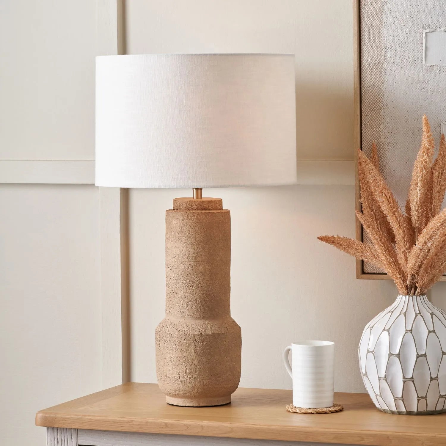 Rustic Brown Stoneware Cylindrical Table Lamp Base with Contemporary Textured Concrete & Ceramic Light Base 45x15x15cm | Click Style