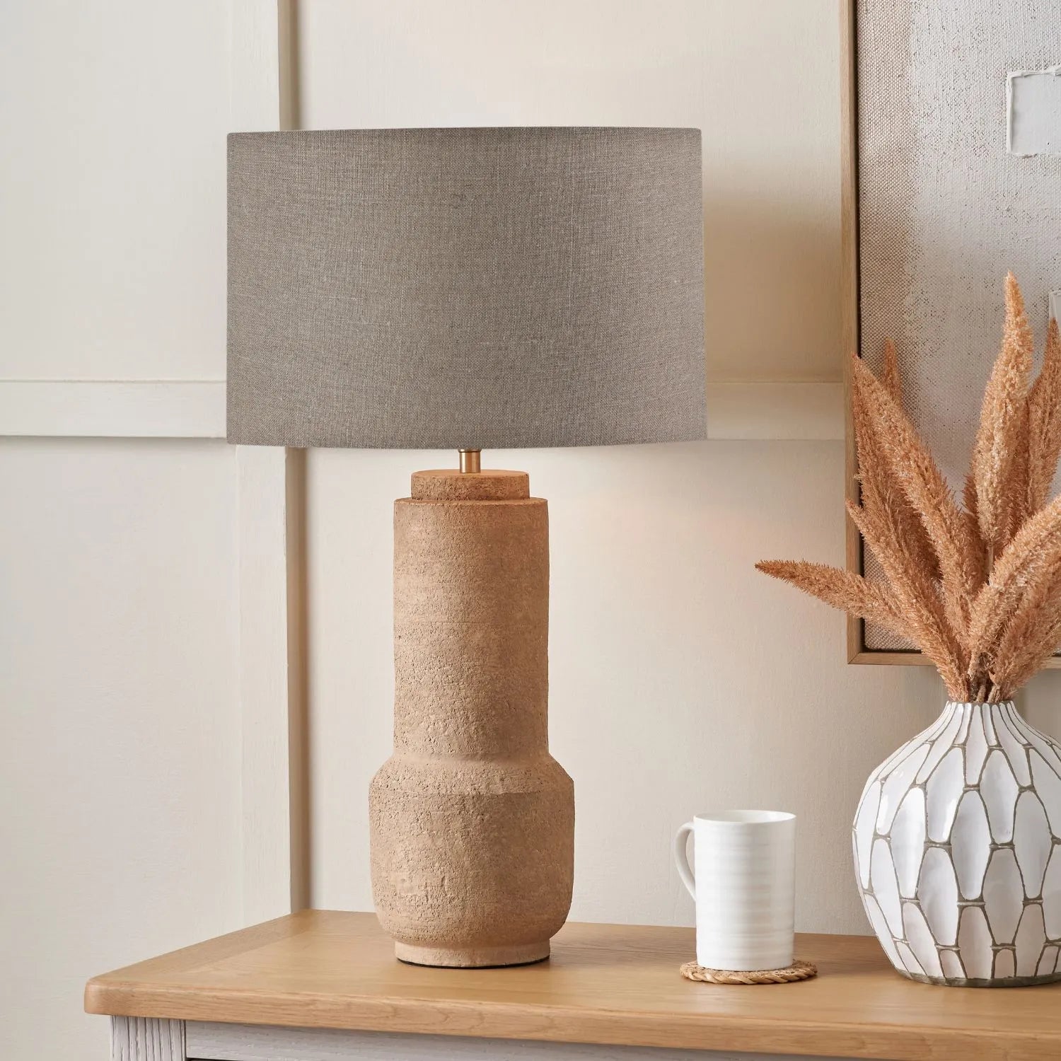 Rustic Brown Stoneware Cylindrical Table Lamp Base with Contemporary Textured Concrete & Ceramic Light Base 45x15x15cm | Click Style