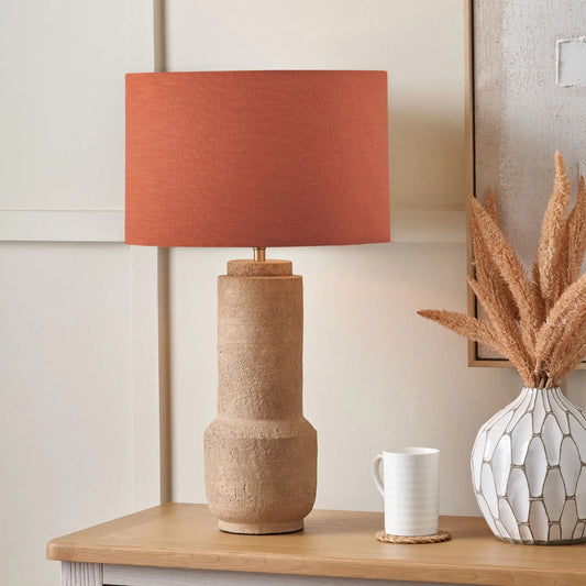Rustic Brown Stoneware Cylindrical Table Lamp with 35cm Cinnamon Self-Lined Linen Drum Shade – Textured Concrete-Effect Ceramic Light Base 64x35x35cm | Click Style