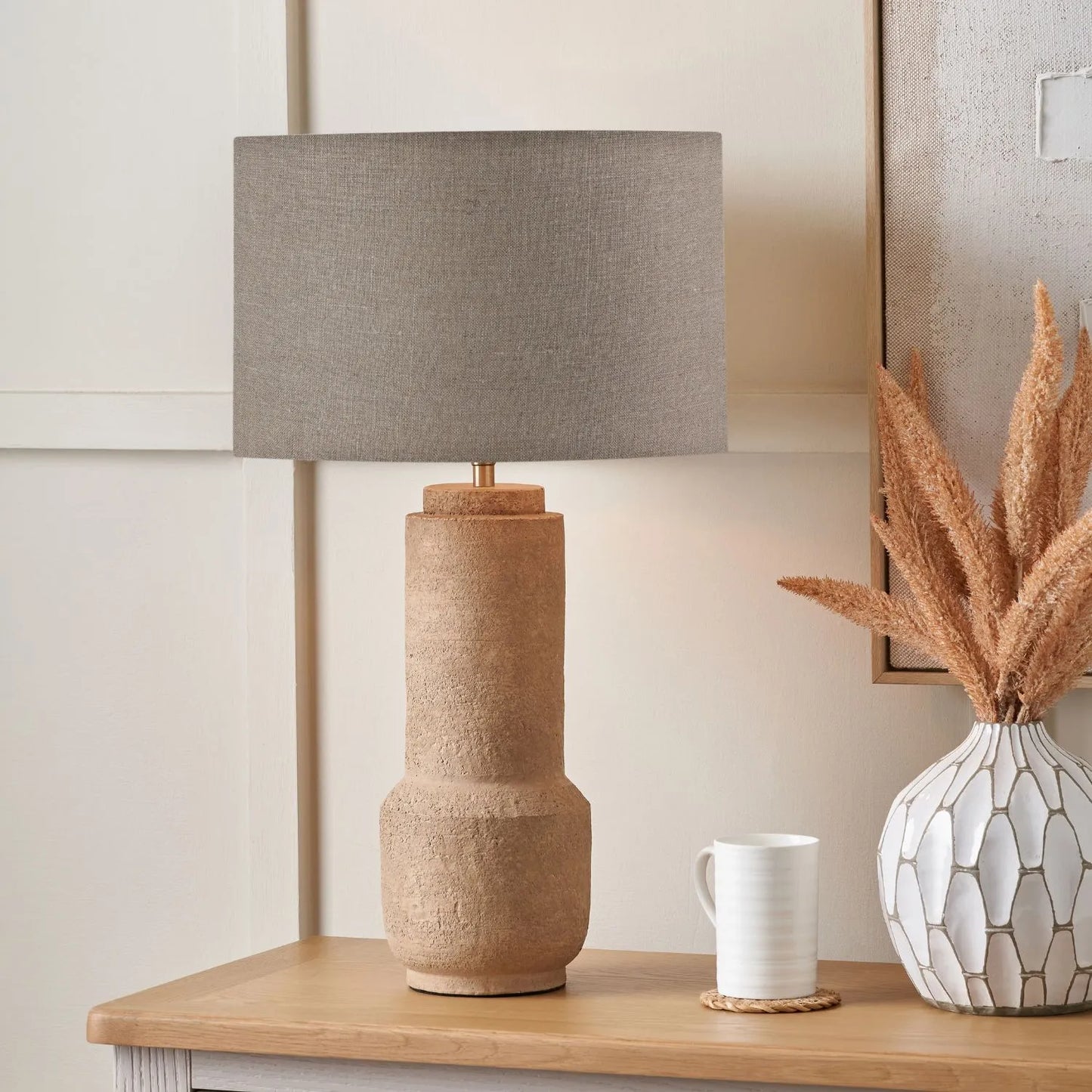 Rustic Brown Stoneware Cylindrical Table Lamp with 35cm Natural Linen Drum Shade – Textured Concrete-Effect Ceramic Base 64x35x35cm | Click Style