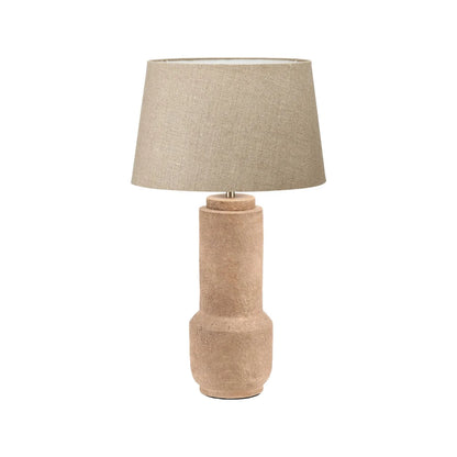 Rustic Brown Stoneware Cylindrical Table Lamp with 35cm Natural Linen Tapered Shade – Textured Concrete-Effect Ceramic Light Base 61x35x35cm | Click Style