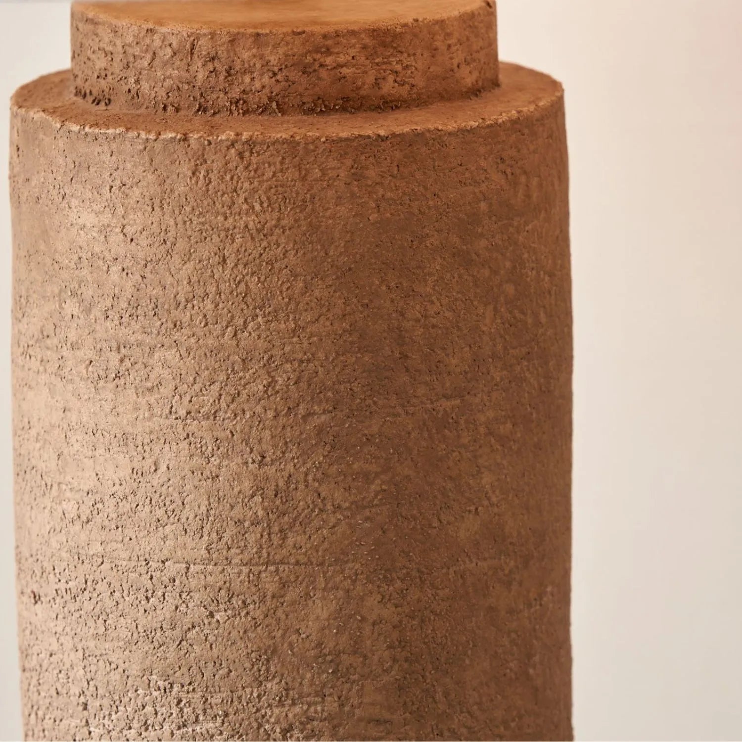 Rustic Brown Stoneware Cylindrical Table Lamp with 35cm Natural Linen Tapered Shade – Textured Concrete-Effect Ceramic Light Base 61x35x35cm | Click Style