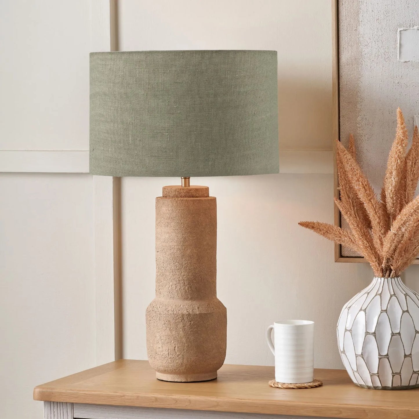 Rustic Brown Stoneware Cylindrical Table Lamp with 35cm Pistachio Green Linen Drum Shade – Textured Concrete-Effect Ceramic Light Base 64x35x35cm | Click Style