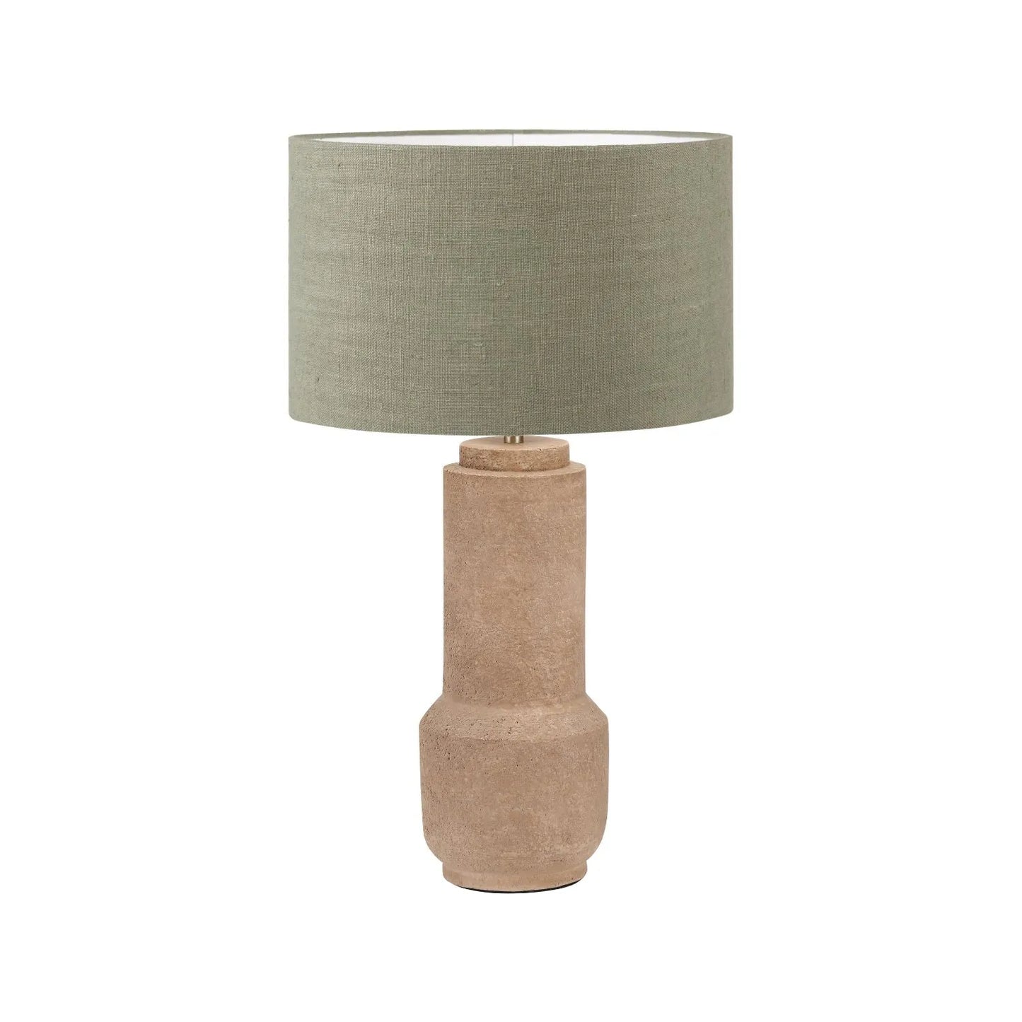 Rustic Brown Stoneware Cylindrical Table Lamp with 35cm Pistachio Green Linen Drum Shade – Textured Concrete-Effect Ceramic Light Base 64x35x35cm | Click Style