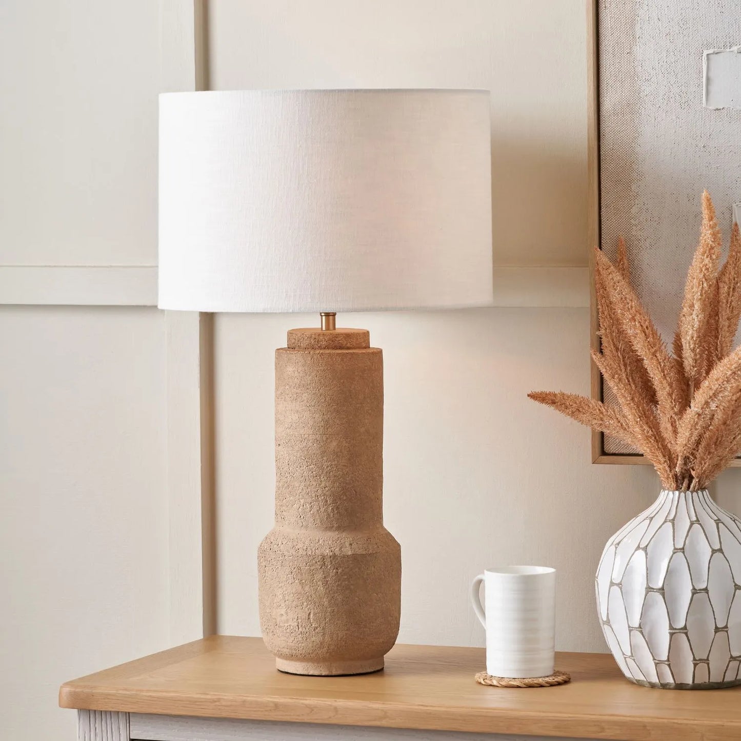 Rustic Brown Stoneware Cylindrical Table Lamp with 35cm White Self-Lined Linen Drum Shade – Textured Concrete-Effect Ceramic Light Base 64x35x35cm | Click Style