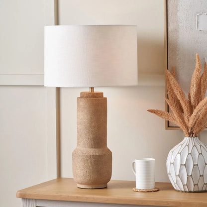 Rustic Brown Stoneware Cylindrical Table Lamp with 35cm White Self-Lined Linen Drum Shade – Textured Concrete-Effect Ceramic Light Base 64x35x35cm | Click Style
