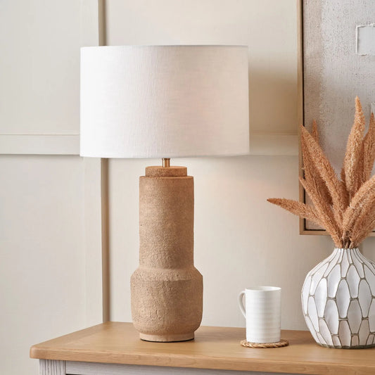 Rustic Brown Stoneware Cylindrical Table Lamp with 35cm White Self-Lined Linen Drum Shade – Textured Concrete-Effect Ceramic Light Base 64x35x35cm | Click Style