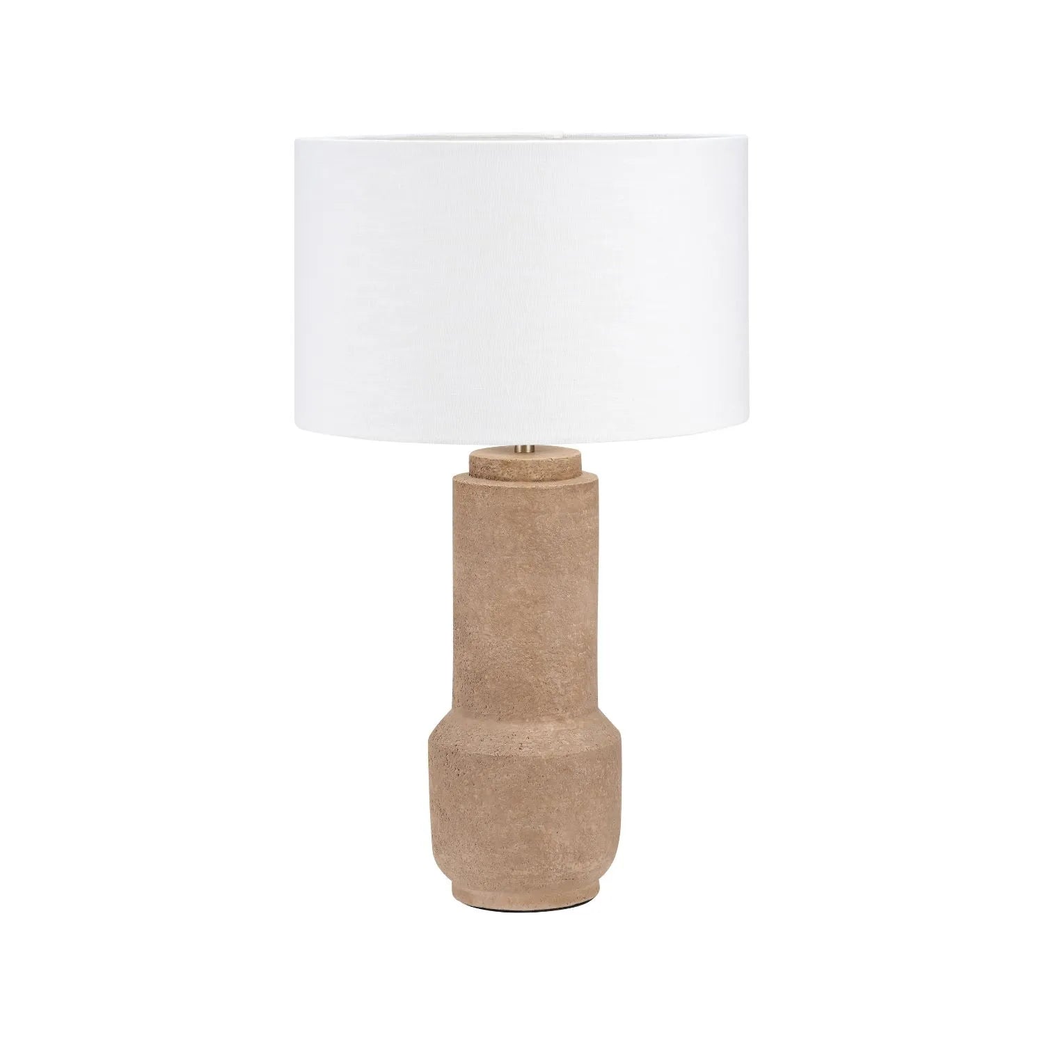 Rustic Brown Stoneware Cylindrical Table Lamp with 35cm White Self-Lined Linen Drum Shade – Textured Concrete-Effect Ceramic Light Base 64x35x35cm | Click Style