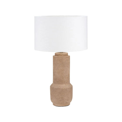 Rustic Brown Stoneware Cylindrical Table Lamp with 35cm White Self-Lined Linen Drum Shade – Textured Concrete-Effect Ceramic Light Base 64x35x35cm | Click Style