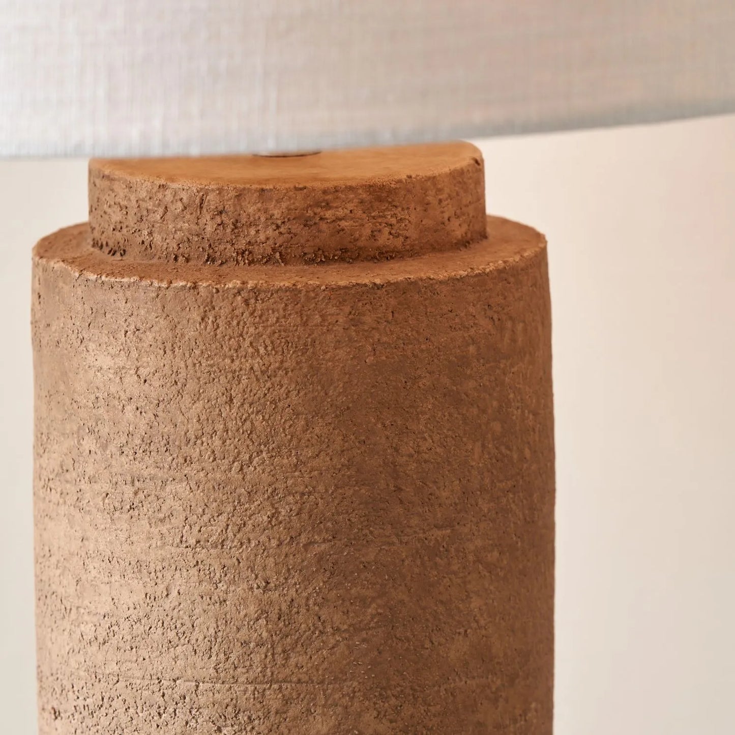 Rustic Brown Stoneware Cylindrical Table Lamp with 35cm White Self-Lined Linen Drum Shade – Textured Concrete-Effect Ceramic Light Base 64x35x35cm | Click Style