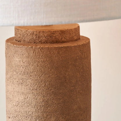Rustic Brown Stoneware Cylindrical Table Lamp with 35cm White Self-Lined Linen Drum Shade – Textured Concrete-Effect Ceramic Light Base 64x35x35cm | Click Style