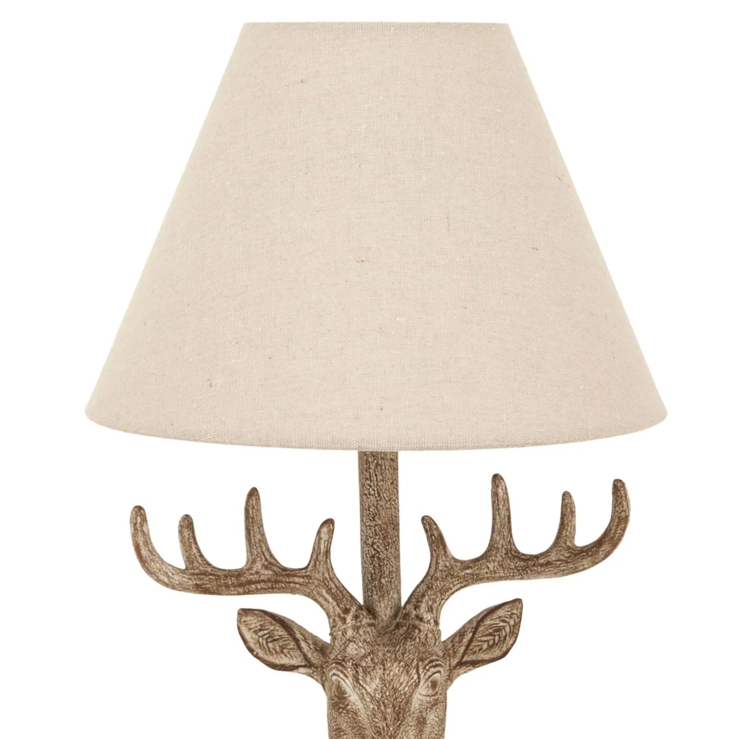 Rustic Brown Stonewashed Stag Head Table Lamp with Antlers & Natural Linen Tapered Shade – Wildlife-Inspired Lighting 45x20x20cm | Click Style