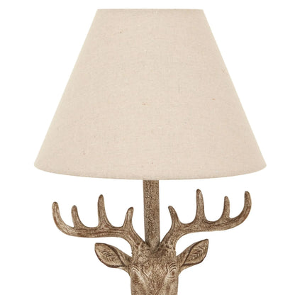 Rustic Brown Stonewashed Stag Head Table Lamp with Antlers & Natural Linen Tapered Shade – Wildlife-Inspired Lighting 45x20x20cm | Click Style