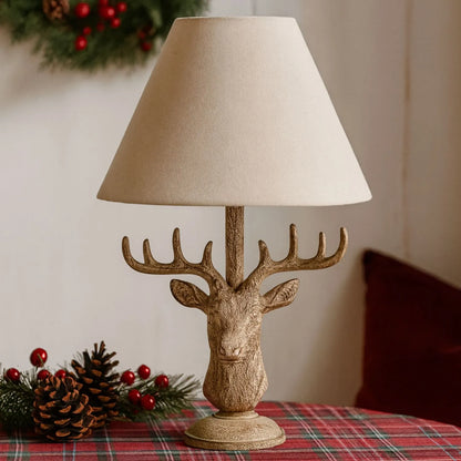 Rustic Brown Stonewashed Stag Head Table Lamp with Antlers & Natural Linen Tapered Shade – Wildlife-Inspired Lighting 45x20x20cm | Click Style