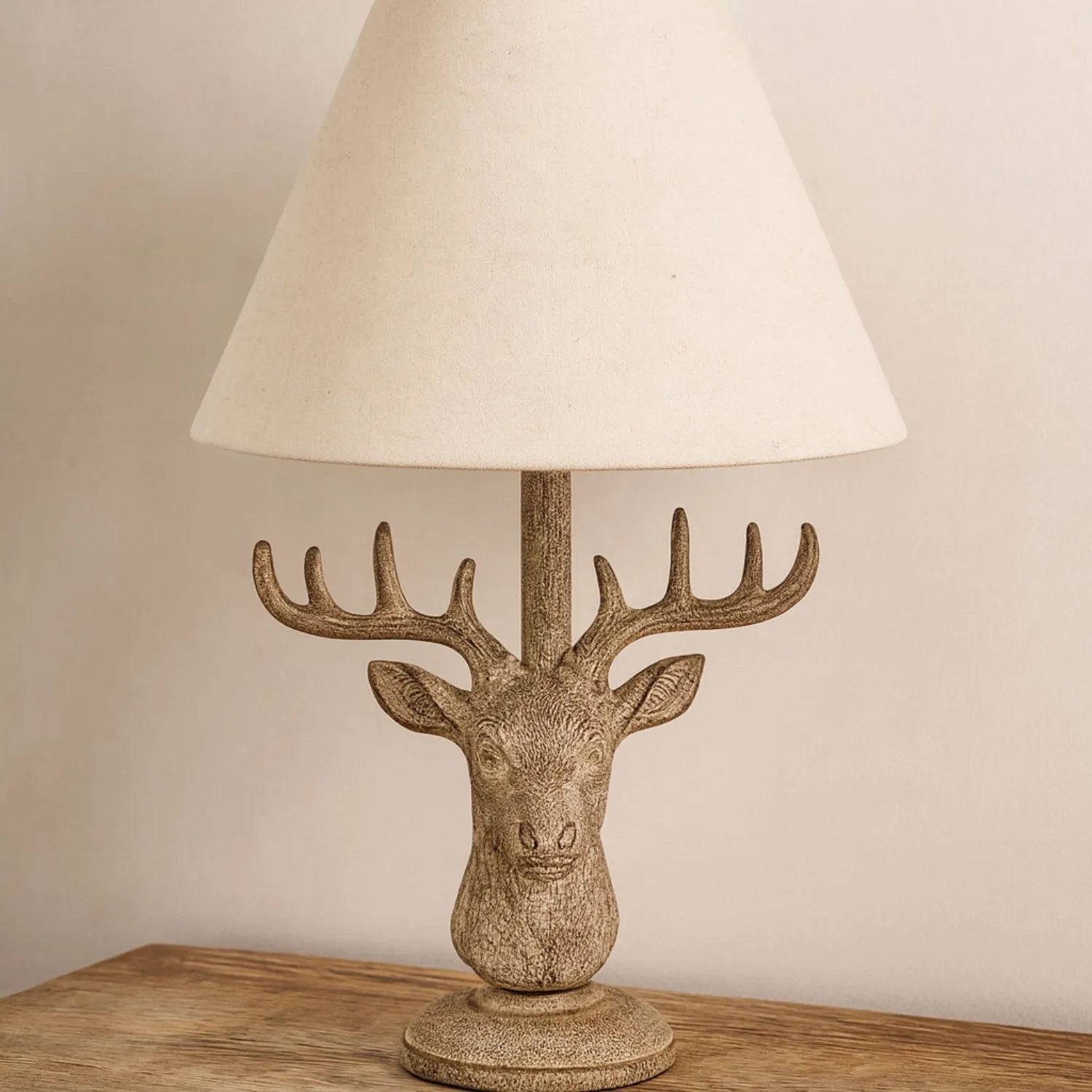 Rustic Brown Stonewashed Stag Head Table Lamp with Antlers & Natural Linen Tapered Shade – Wildlife-Inspired Lighting 45x20x20cm | Click Style