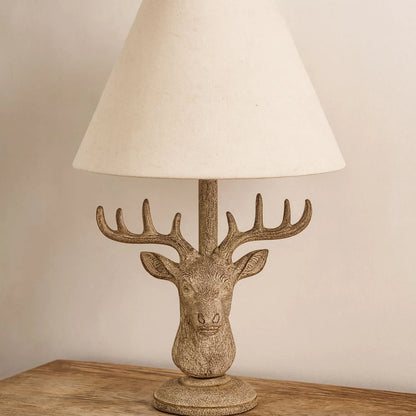 Rustic Brown Stonewashed Stag Head Table Lamp with Antlers & Natural Linen Tapered Shade – Wildlife-Inspired Lighting 45x20x20cm | Click Style