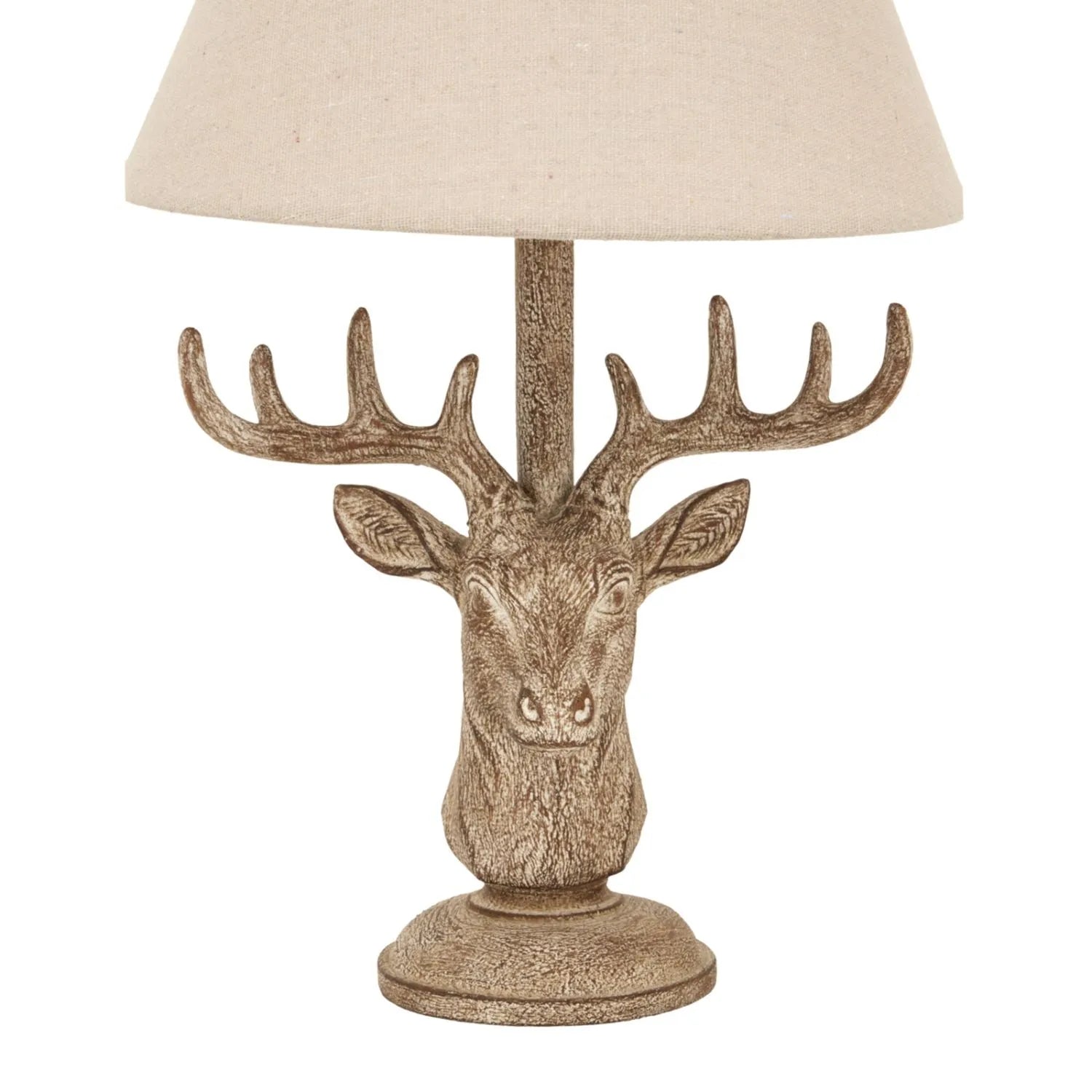 Rustic Brown Stonewashed Stag Head Table Lamp with Antlers & Natural Linen Tapered Shade – Wildlife-Inspired Lighting 45x20x20cm | Click Style