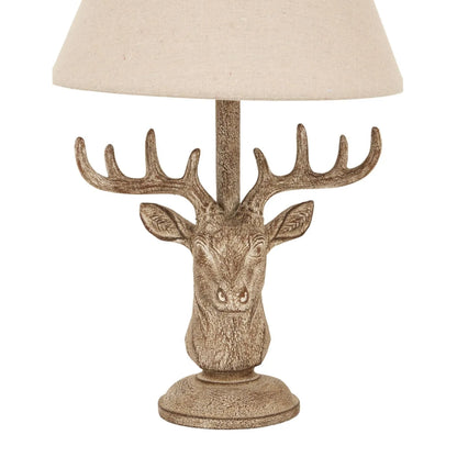 Rustic Brown Stonewashed Stag Head Table Lamp with Antlers & Natural Linen Tapered Shade – Wildlife-Inspired Lighting 45x20x20cm | Click Style