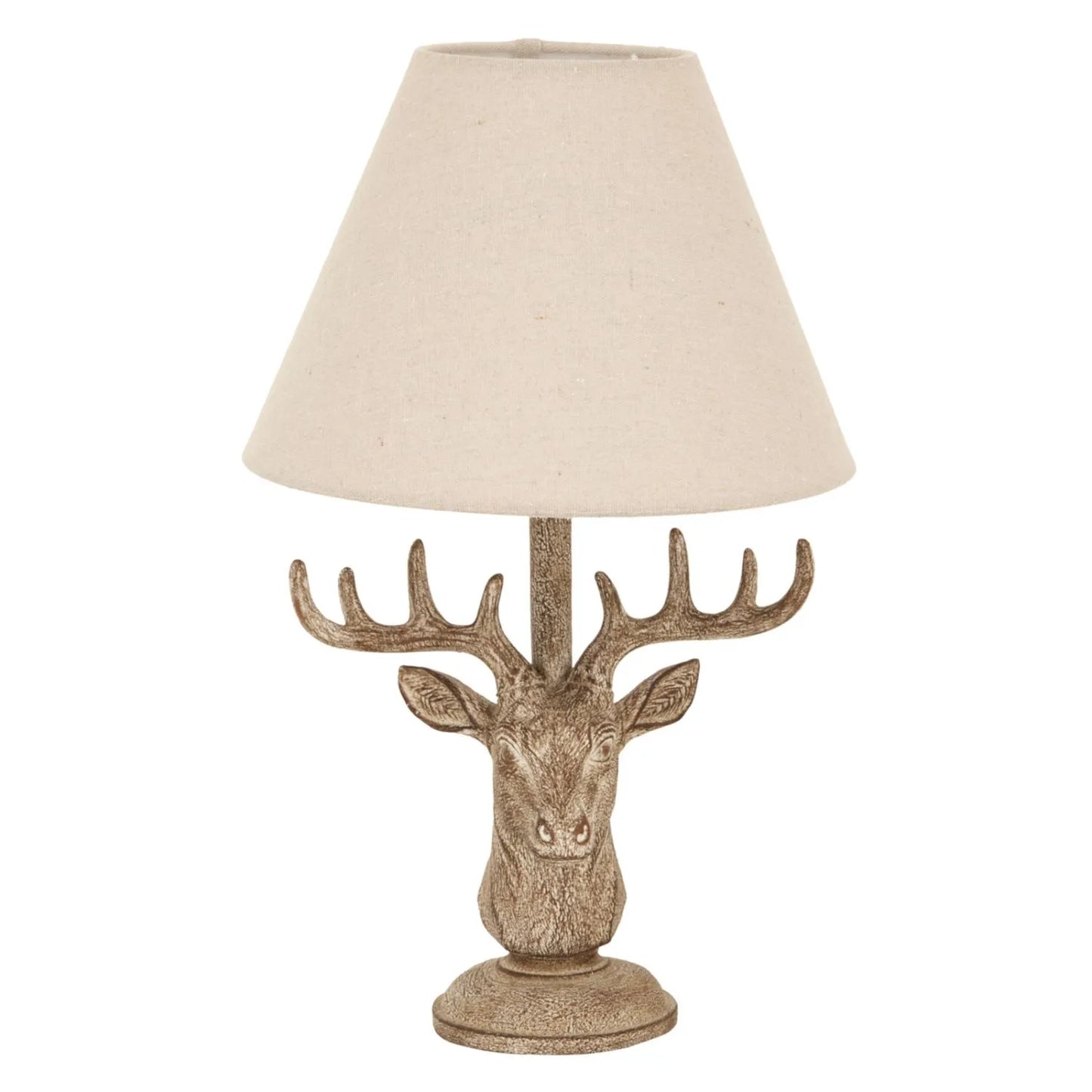 Rustic Brown Stonewashed Stag Head Table Lamp with Antlers & Natural Linen Tapered Shade – Wildlife-Inspired Lighting 45x20x20cm | Click Style