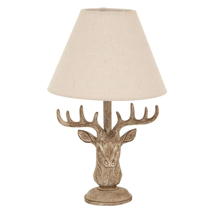 Rustic Brown Stonewashed Stag Head Table Lamp with Antlers & Natural Linen Tapered Shade – Wildlife-Inspired Lighting 45x20x20cm | Click Style