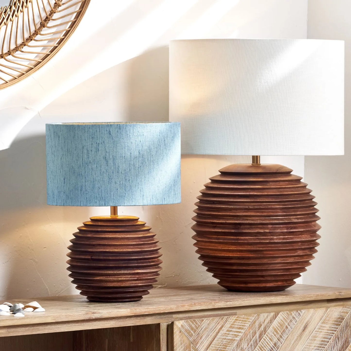 Rustic Brown-Washed Mango Wood Table Lamp Base with Hand-Turned Sculpted Tiers – Rounded Wooden Light Base 27x22x22cm - Click Style