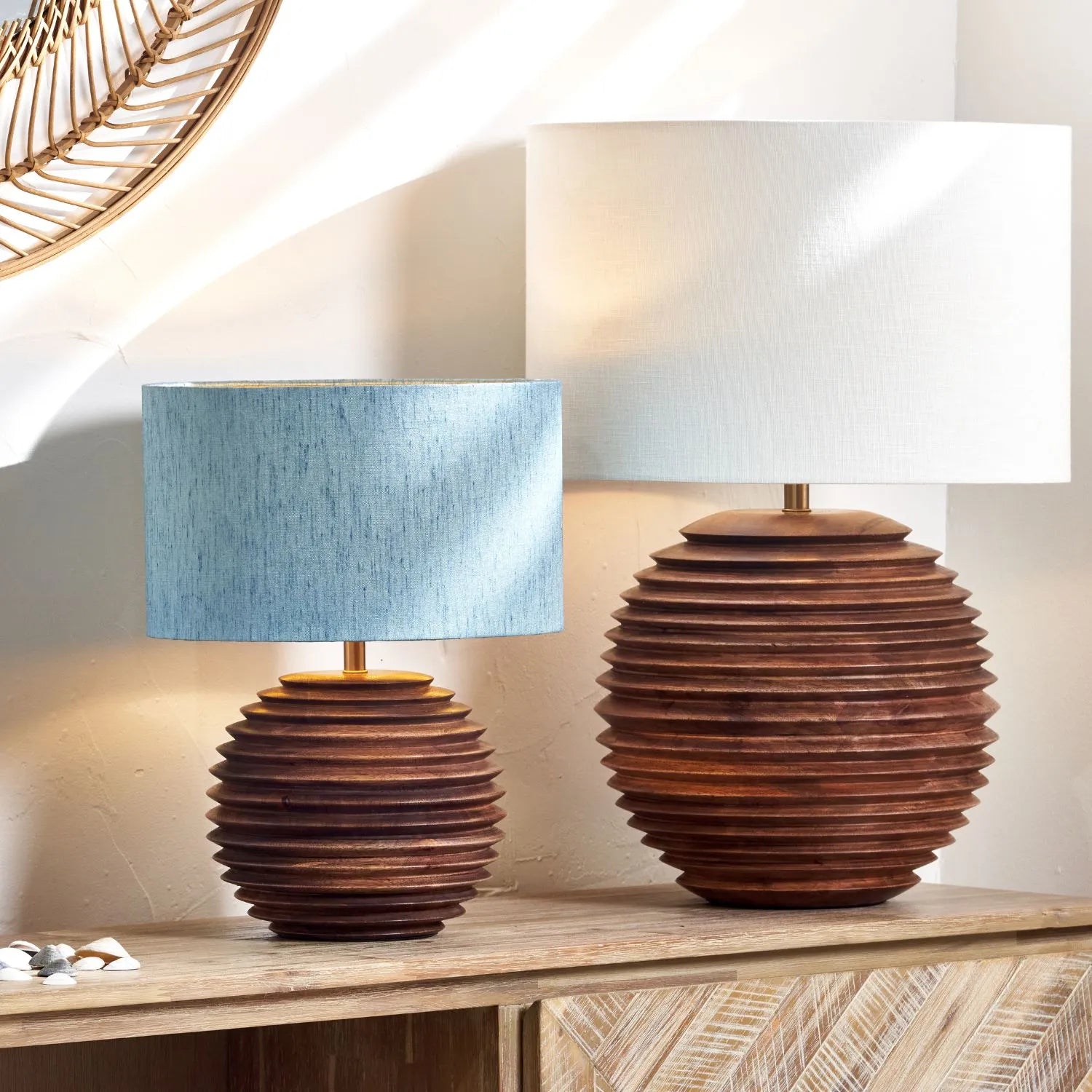 Rustic Brown-Washed Mango Wood Table Lamp Base with Hand-Turned Sculpted Tiers – Rounded Wooden Light Base 27x22x22cm - Click Style