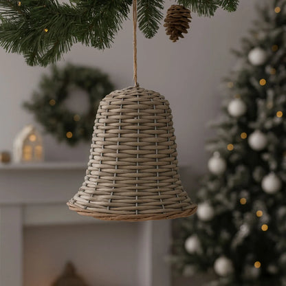 Rustic Brown Woven Wicker Christmas Bell Ornament with Hanging String – Large-Sized Christmas Decoration 20x12x12cm | Click Style