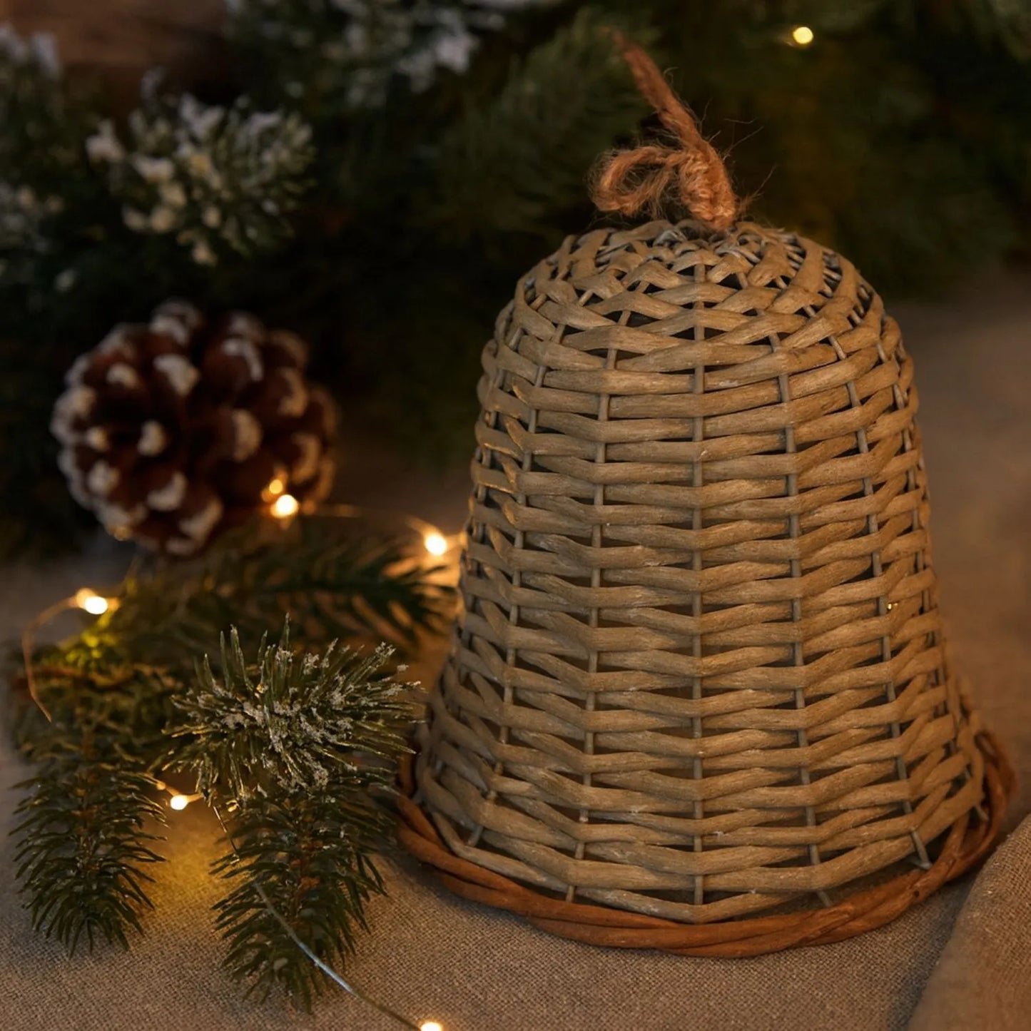 Rustic Brown Woven Wicker Christmas Bell Ornament with Hanging String – Large-Sized Christmas Decoration 20x12x12cm | Click Style