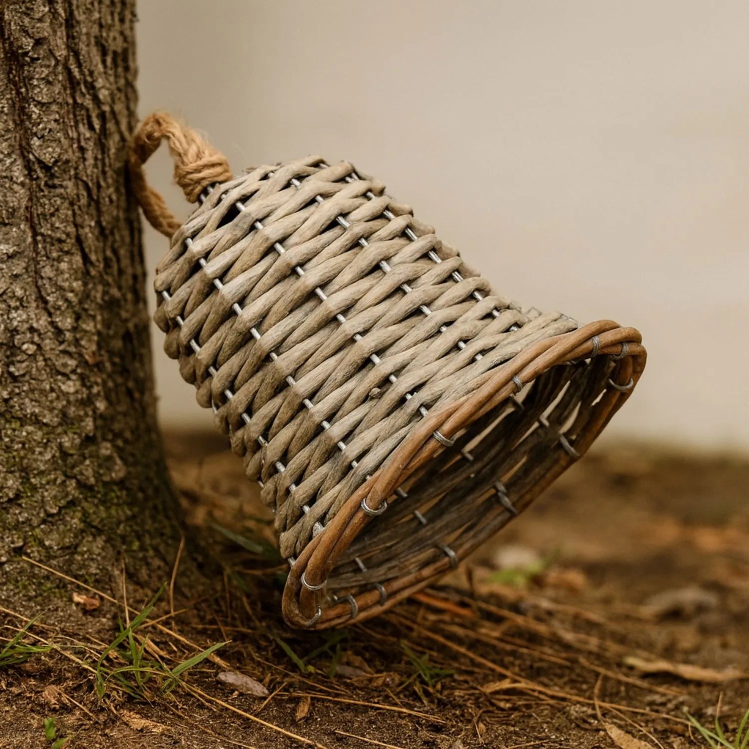 Rustic Brown Woven Wicker Christmas Bell Ornament with Hanging String – Medium-Sized Festive Decoration 15x8x8cm | Click Style