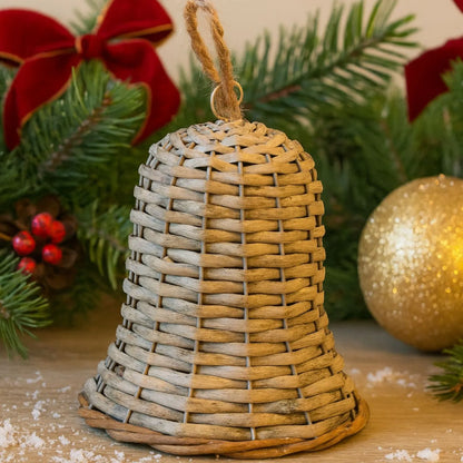 Rustic Brown Woven Wicker Christmas Bell Ornament with Hanging String – Medium-Sized Festive Decoration 15x8x8cm | Click Style