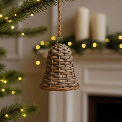 Rustic Brown Woven Wicker Christmas Bell Ornament with Hanging String – Small-Sized Christmas Decoration 12x7x7cm | Click Style
