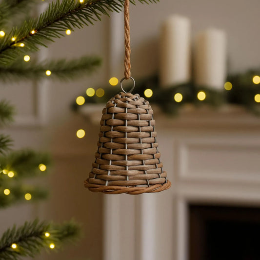 Rustic Brown Woven Wicker Christmas Bell Ornament with Hanging String – Small-Sized Christmas Decoration 12x7x7cm | Click Style