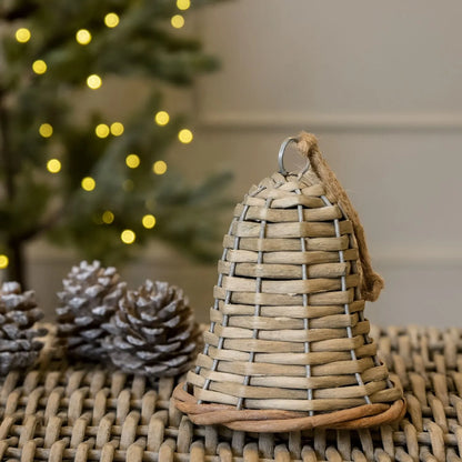 Rustic Brown Woven Wicker Christmas Bell Ornament with Hanging String – Small-Sized Christmas Decoration 12x7x7cm | Click Style