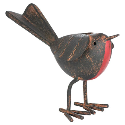 Rustic Brown & Red Metal Robin Ornament with Weathered Finish – Handcrafted Decorative Robin Redbreast Bird 11x17x6cm – Front Angled View Showing Red Breast & Metal Feet | Click Style