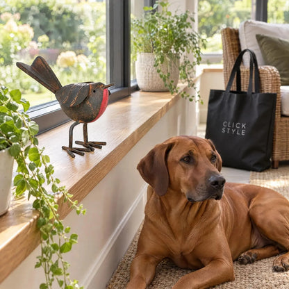 Rustic Brown & Red Metal Robin Ornament with Weathered Finish – Handcrafted Decorative Robin Redbreast Bird 11x17x6cm – Styled on Garden Room Windowsill with Rhodesian Ridgeback & CLICK STYLE Tote | Click Style