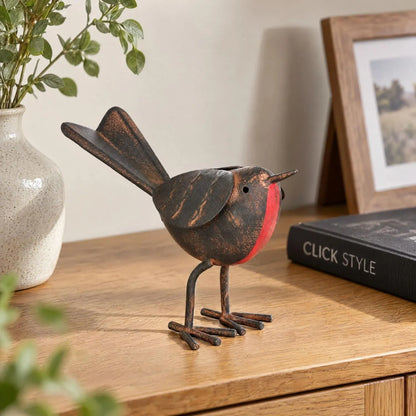 Rustic Brown & Red Metal Robin Ornament with Weathered Finish – Handcrafted Decorative Robin Redbreast Bird 11x17x6cm – Styled on Oak Console Table with CLICK STYLE Branding | Click Style