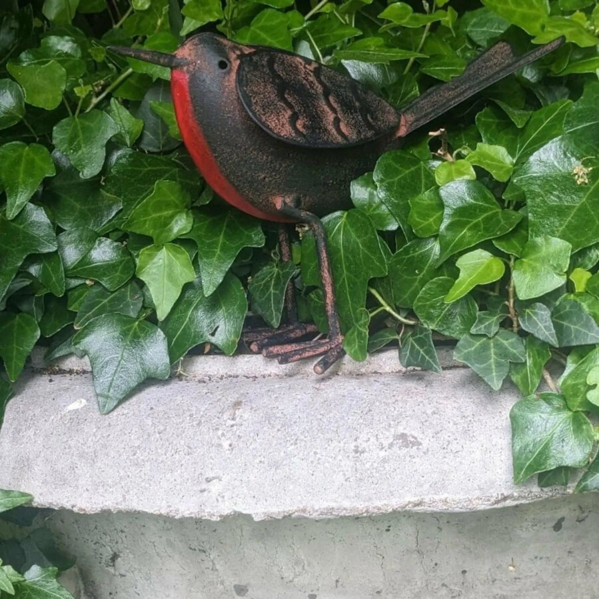 Rustic Brown & Red Metal Robin Ornament with Weathered Finish – Handcrafted Decorative Robin Redbreast Bird 11x17x6cm – Customer Image Nestled Among Green Ivy | Click Style