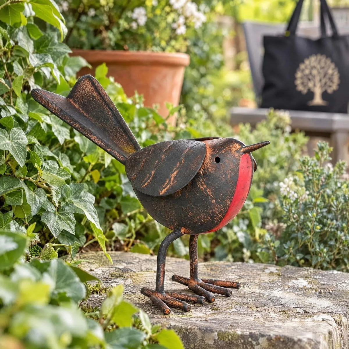 Rustic Brown & Red Metal Robin Ornament with Weathered Finish – Handcrafted Decorative Robin Redbreast Bird 11x17x6cm – Styled Outdoors Amongst Garden Greenery with CLICK STYLE Tote | Click Style