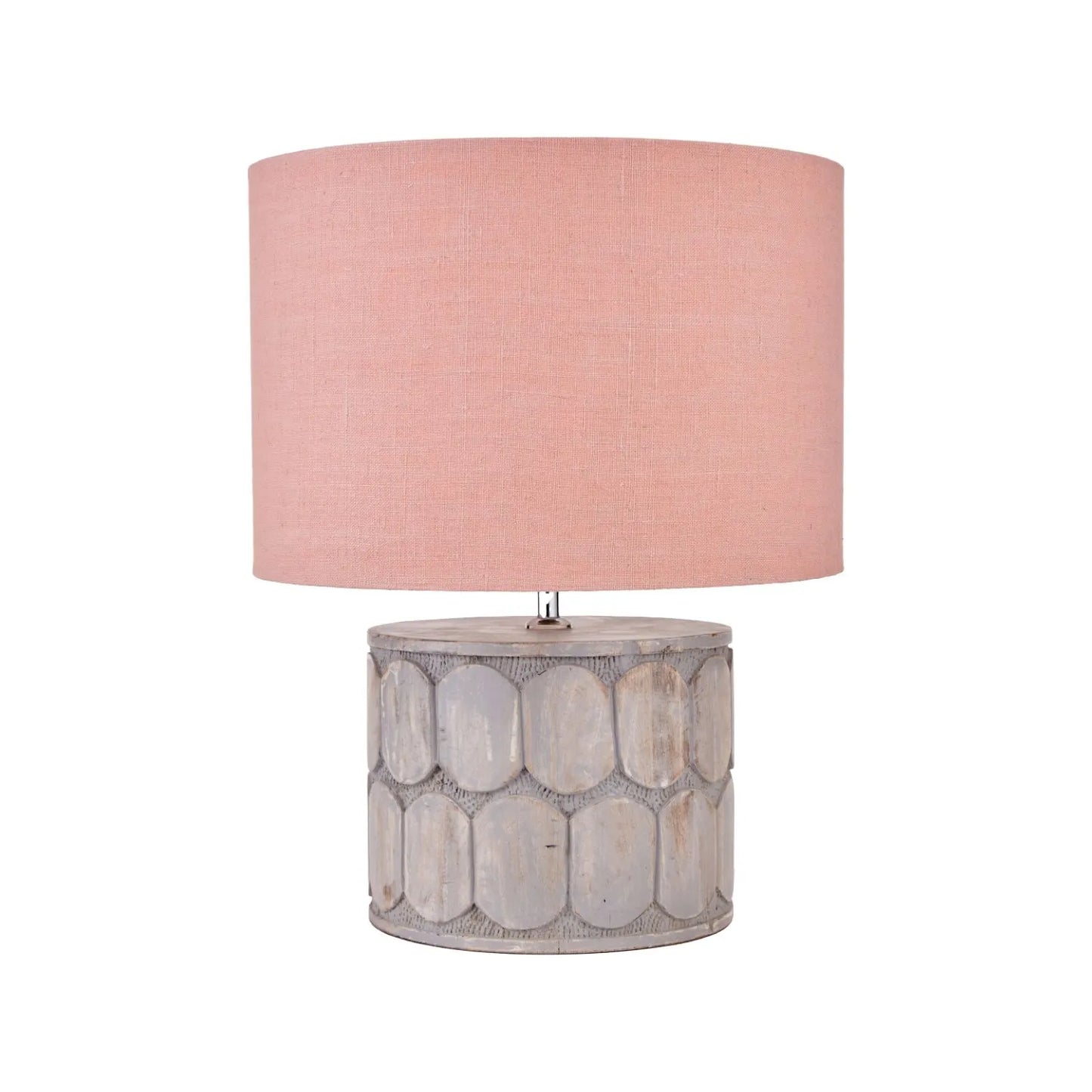Rustic Grey-Washed Mango Wood Table Lamp Base with Hand-Carved Embossed Scallop Design – Wide Cylindrical Wooden Light 30x25x25cm - Click Style