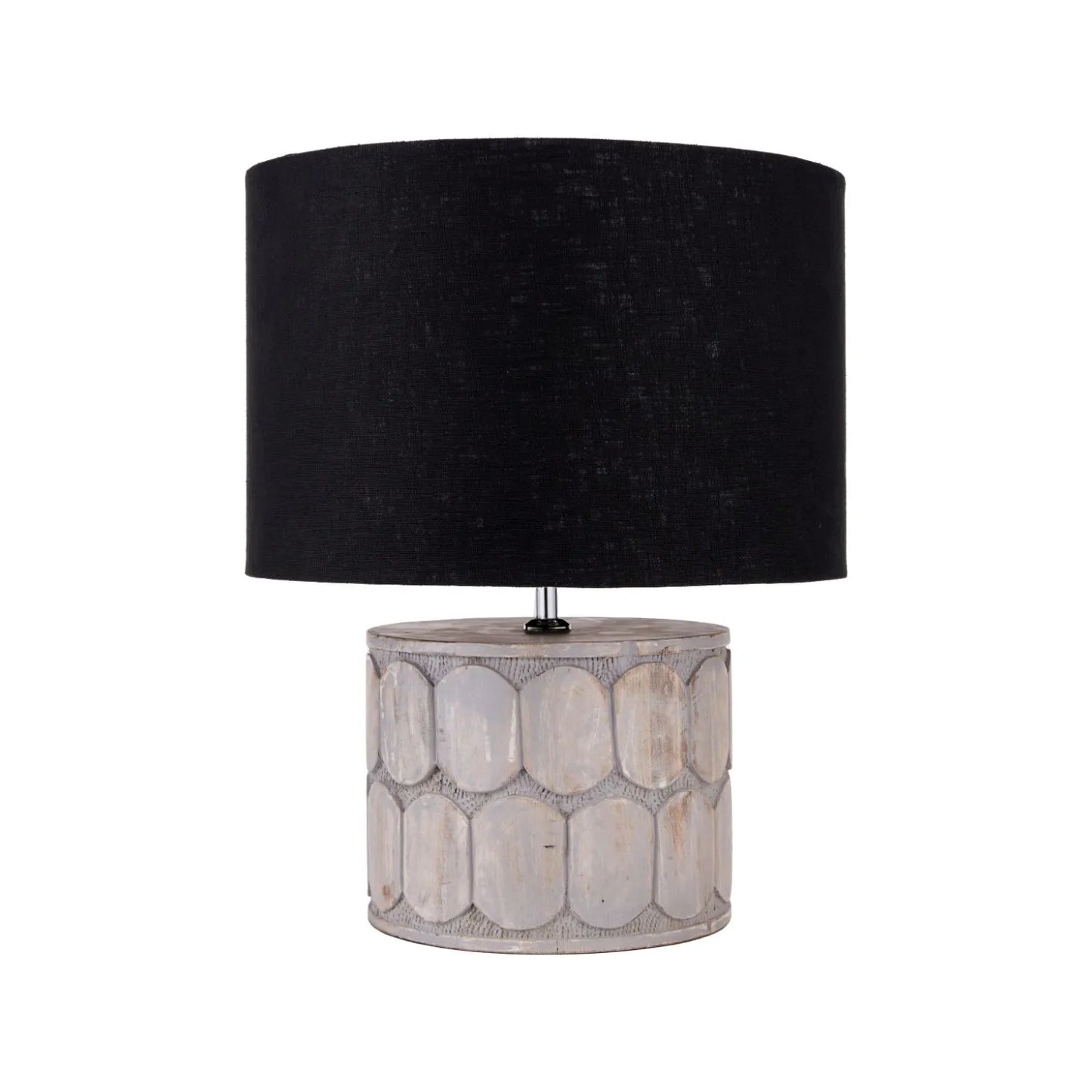 Rustic Grey-Washed Mango Wood Table Lamp Base with Hand-Carved Embossed Scallop Design – Wide Cylindrical Wooden Light 30x25x25cm - Click Style