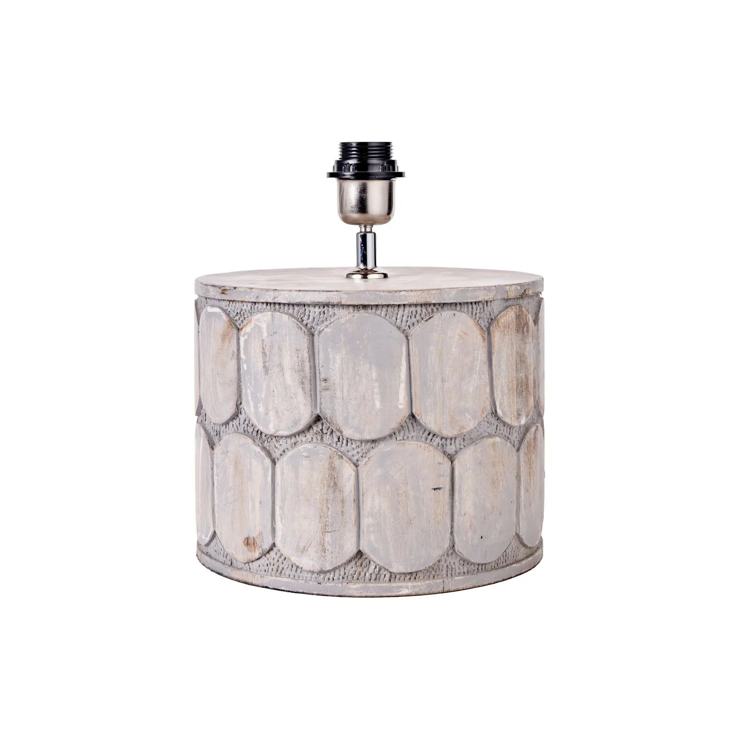 Rustic Grey-Washed Mango Wood Table Lamp Base with Hand-Carved Embossed Scallop Design – Wide Cylindrical Wooden Light 30x25x25cm - Click Style