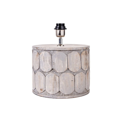 Rustic Grey-Washed Mango Wood Table Lamp Base with Hand-Carved Embossed Scallop Design – Wide Cylindrical Wooden Light 30x25x25cm - Click Style