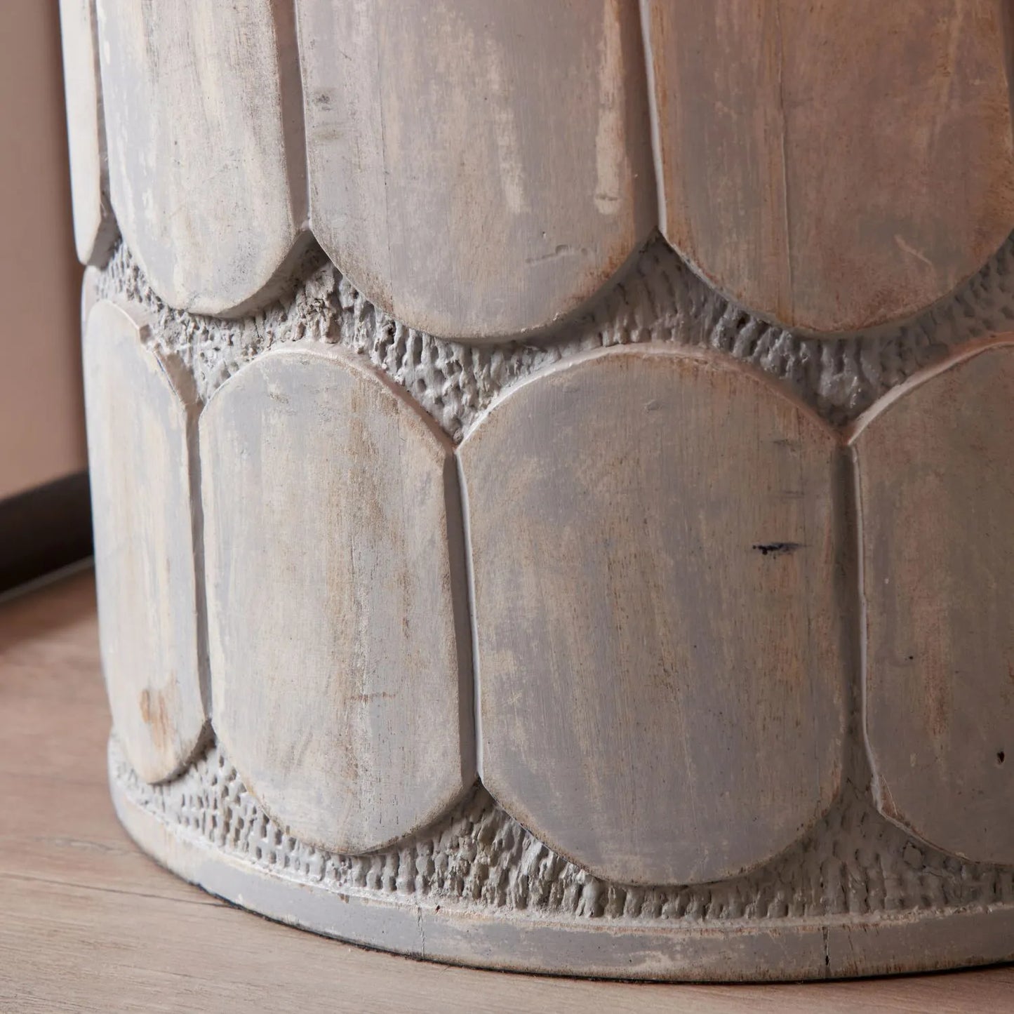 Rustic Grey-Washed Mango Wood Table Lamp Base with Hand-Carved Embossed Scallop Design – Wide Cylindrical Wooden Light 30x25x25cm - Click Style