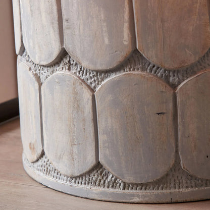 Rustic Grey-Washed Mango Wood Table Lamp Base with Hand-Carved Embossed Scallop Design – Wide Cylindrical Wooden Light 30x25x25cm - Click Style