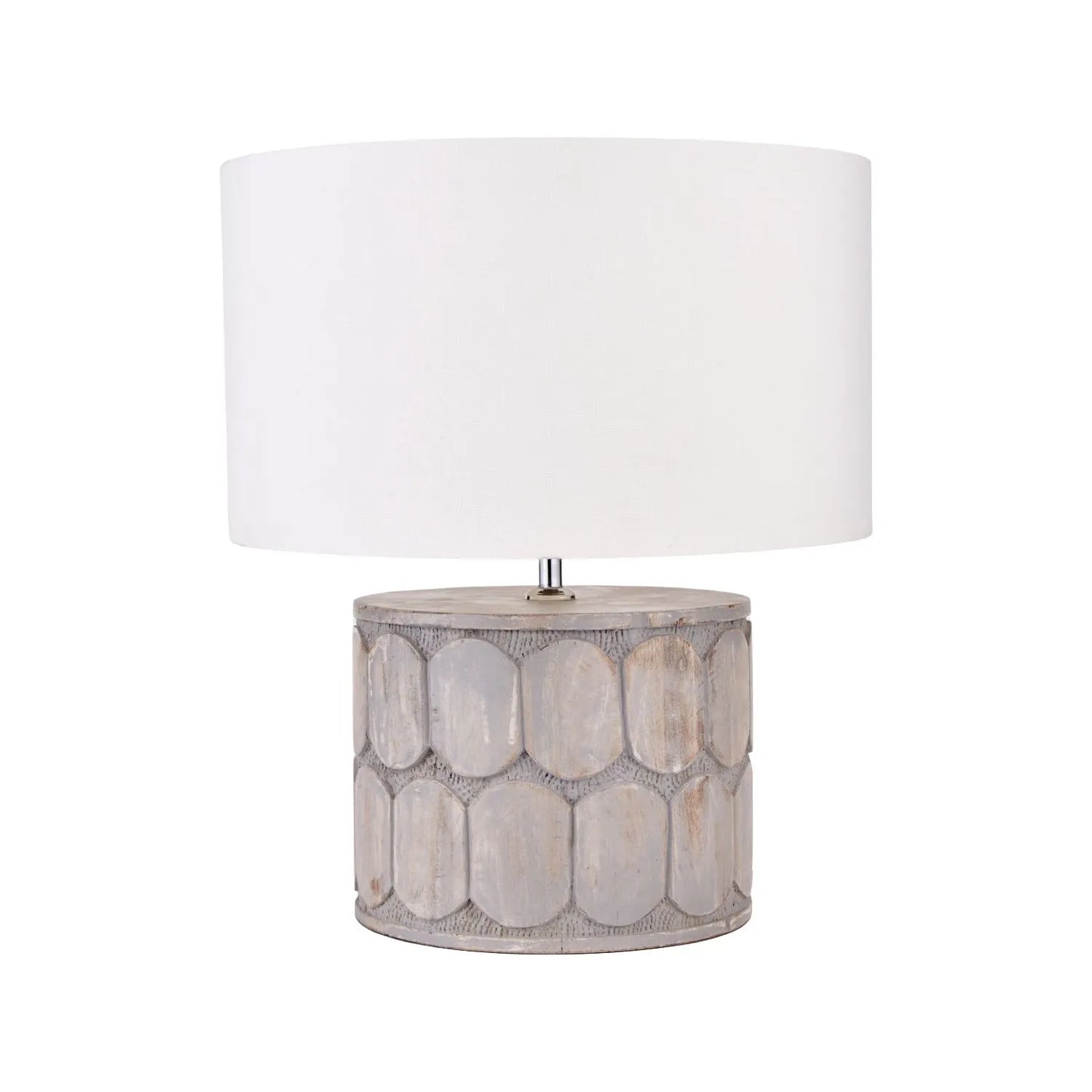 Rustic Grey-Washed Mango Wood Table Lamp Base with Hand-Carved Embossed Scallop Design – Wide Cylindrical Wooden Light 30x25x25cm - Click Style